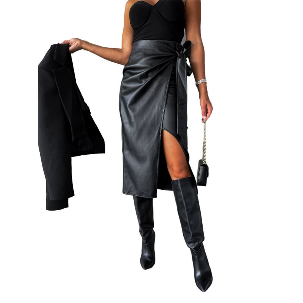 Womens Sexy High Waist Lace Up Slit Punk Style Bodycon Leather Skirt Fall Winter